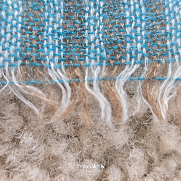 Wool Scarf Lightweight Checks Stripes Green Tan White - Picture 8 of 14